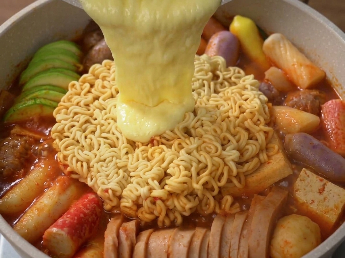 다 끓은 부대찌개 라면 위로 녹아내리는 체다 치즈.