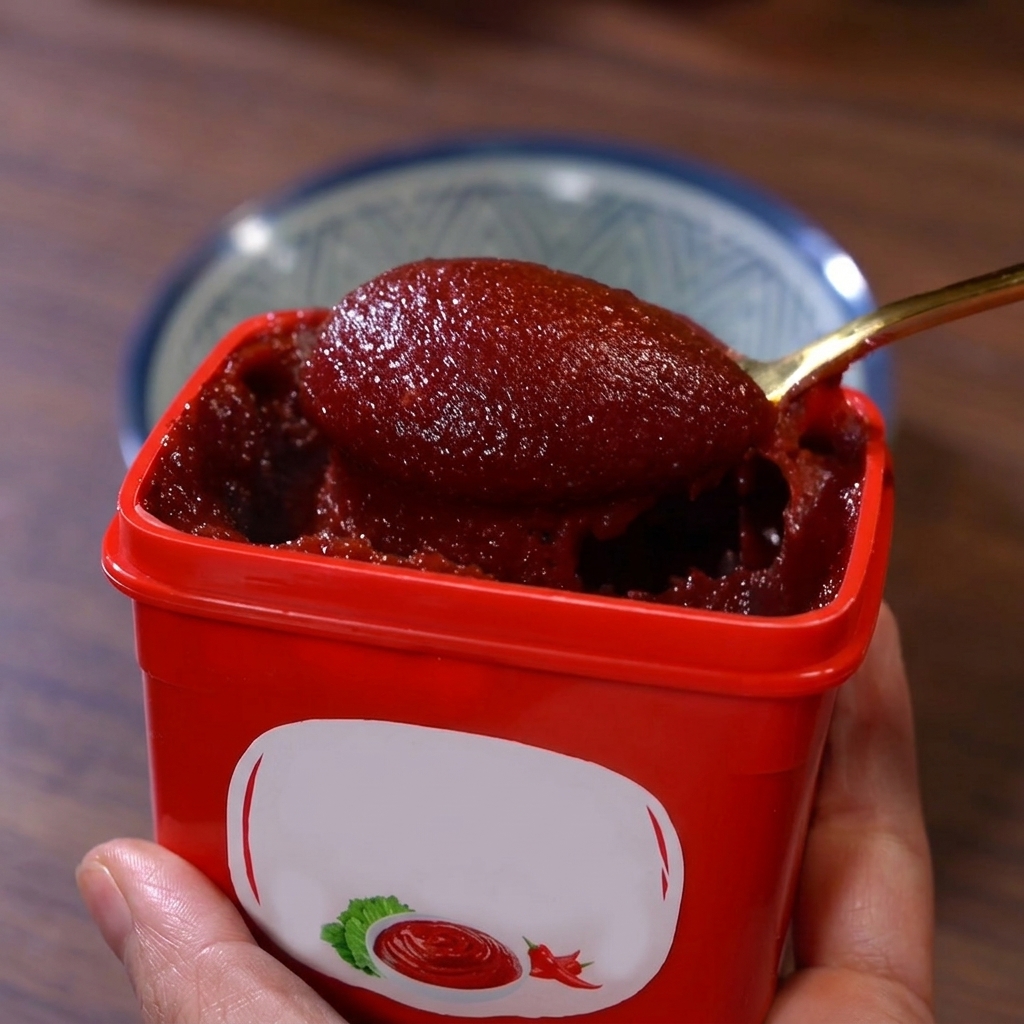 작은 그릇에 고추장과 다른 양념 재료들을 섞는 모습