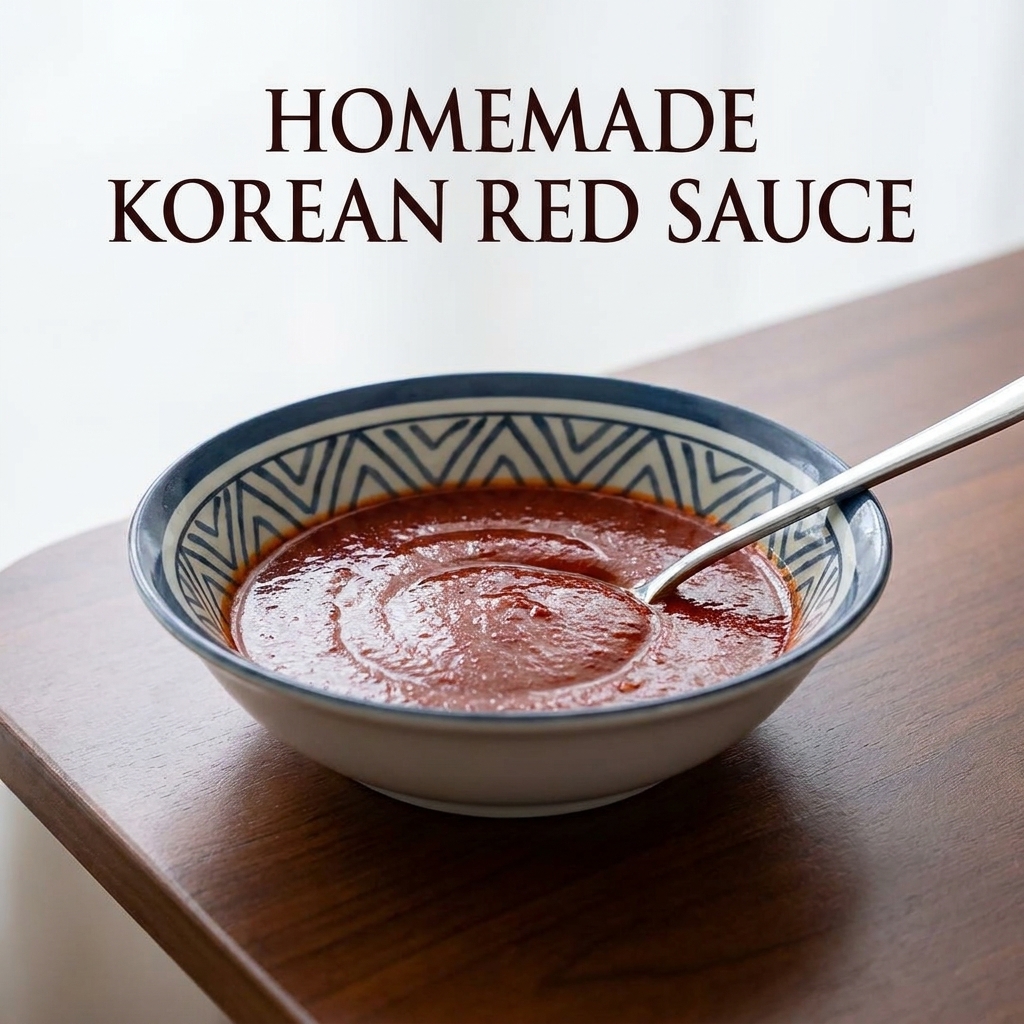 파란 그릇에 담긴 꾸덕한 붉은 양념장을 냄비 속 재료들 위에 붓는 모습