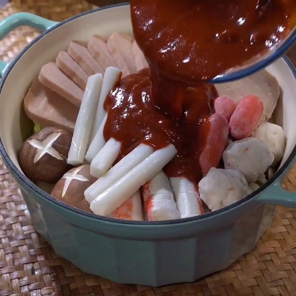 부대찌개 재료가 담긴 냄비에 맑은 물을 붓는 모습