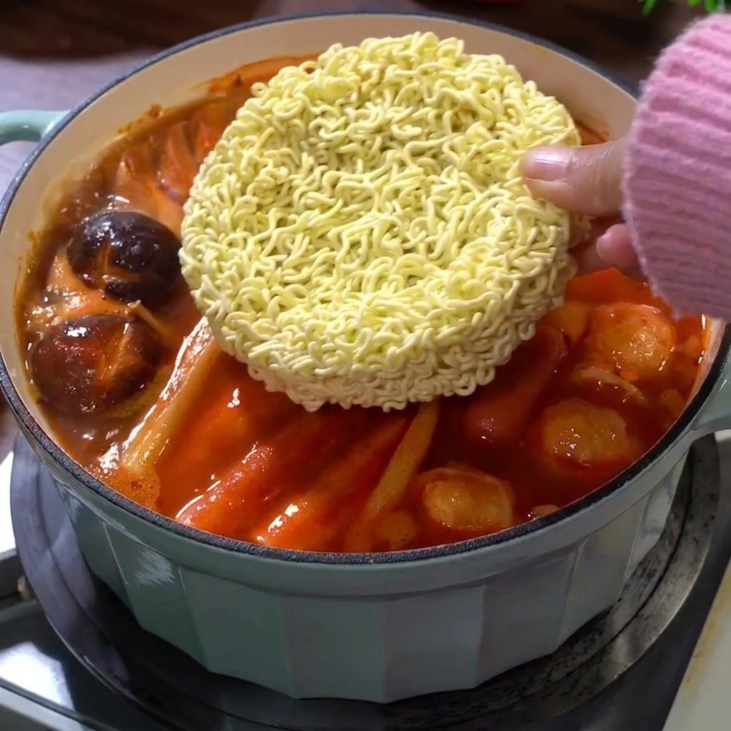 붉게 끓어오르는 찌개 국물 중앙에 라면 사리를 넣는 모습