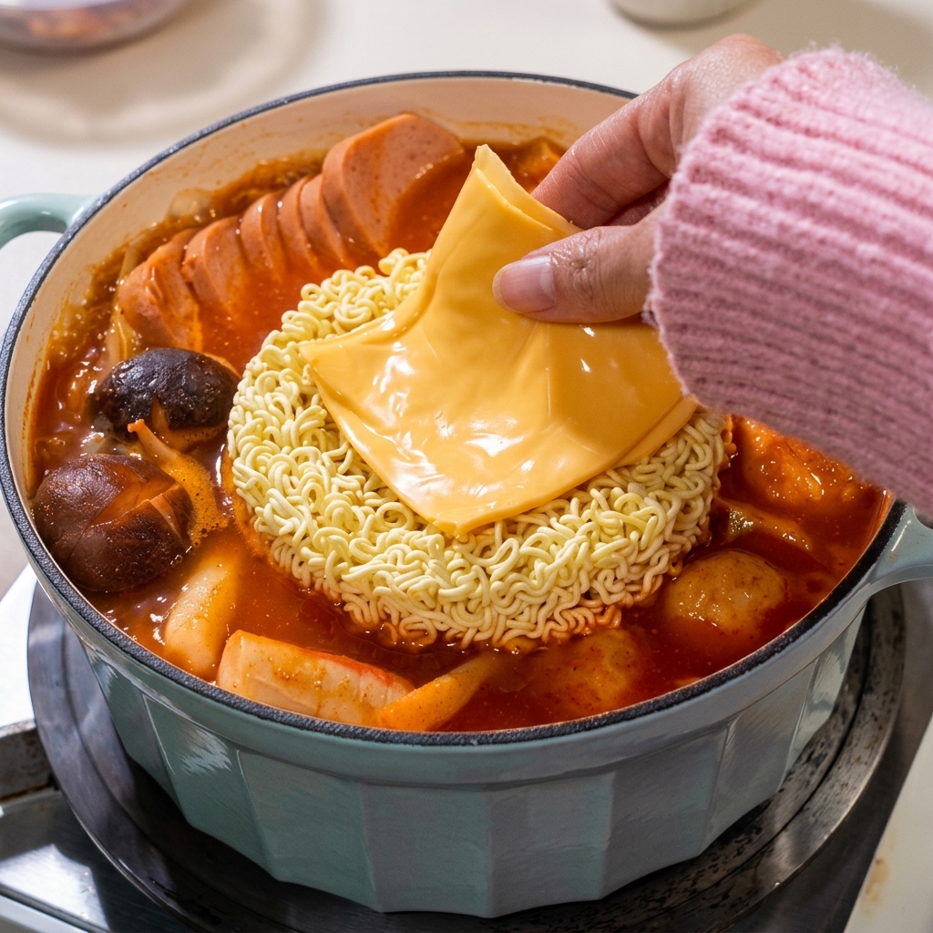 냄비 속 끓고 있는 라면 위에 계란을 깨트려 얹는 모습