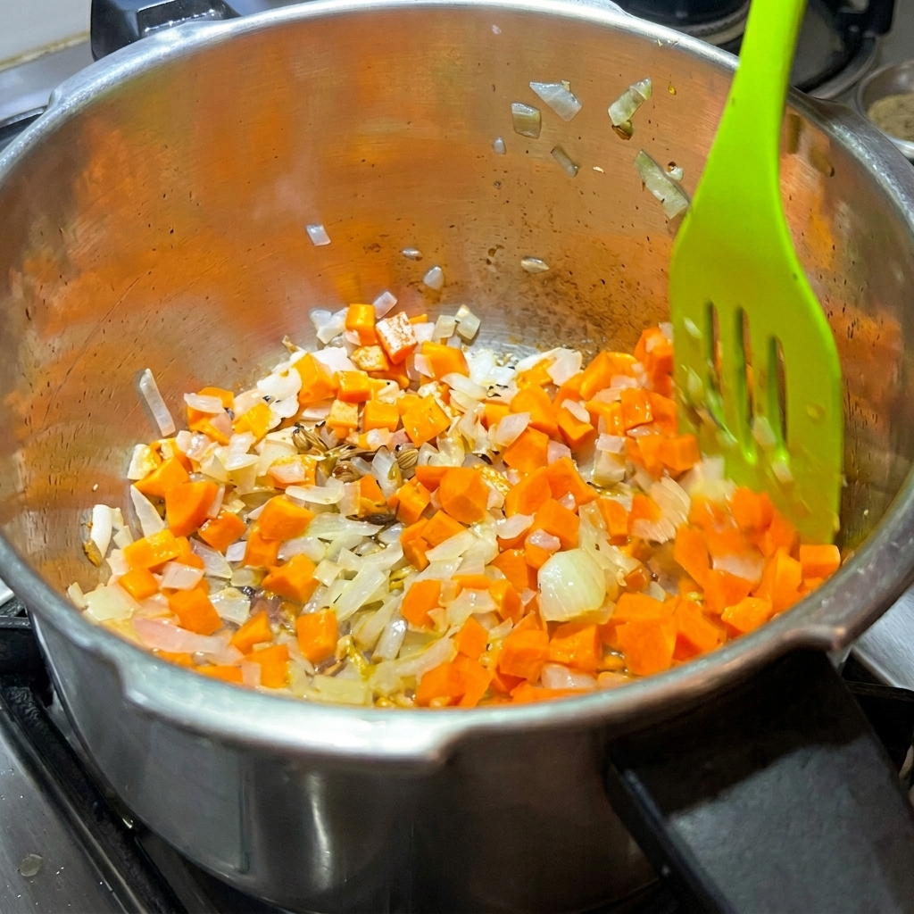 볶은 양파가 담긴 냄비에 다진 당근을 넣고 섞는 모습.