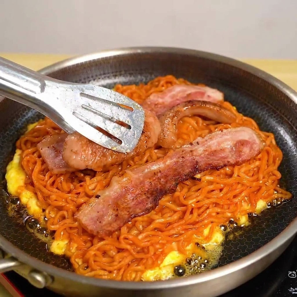 프라이팬의 베이컨과 면 혼합물 위에 올려지는 노란 슬라이스 치즈 한 장.