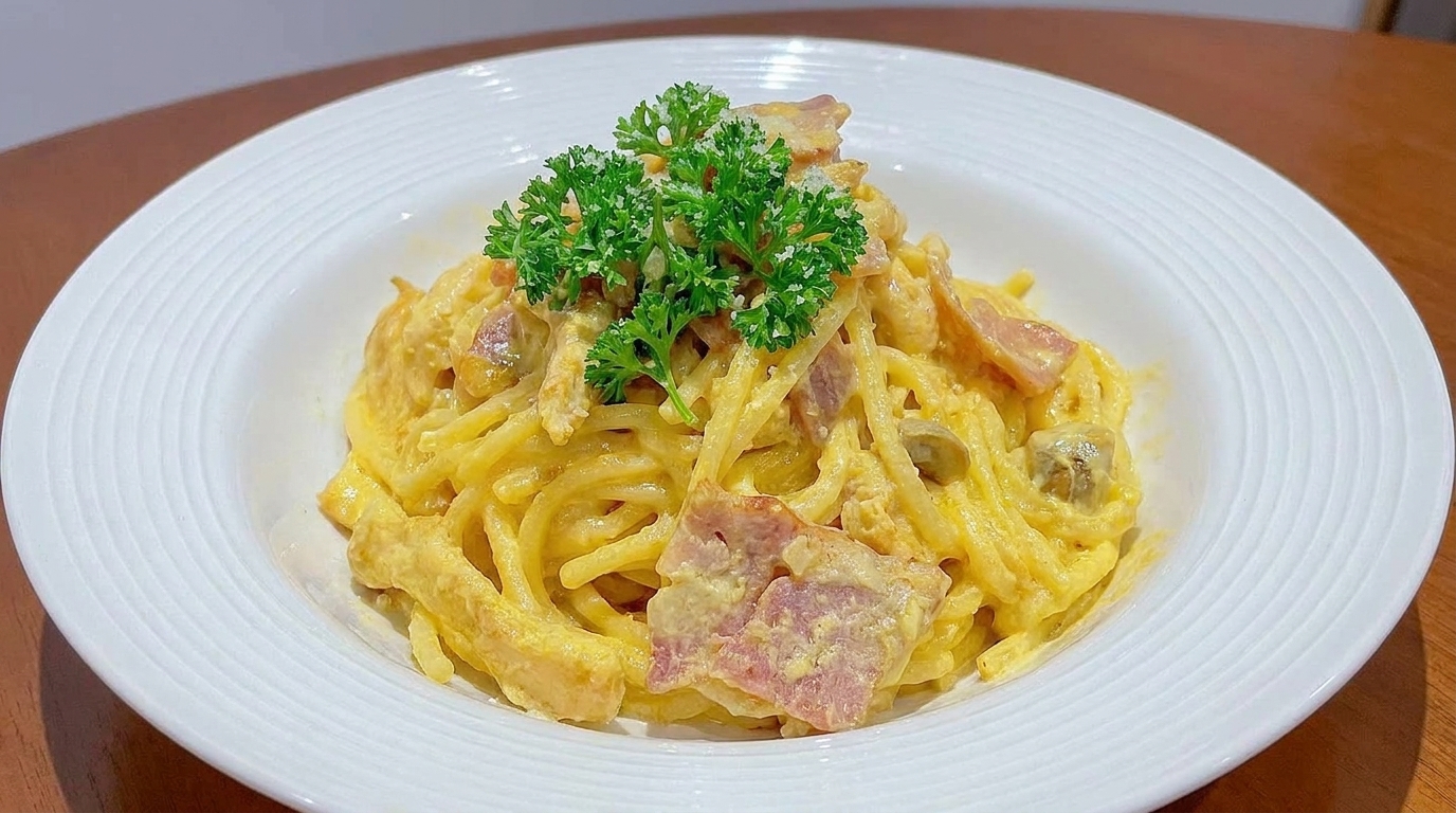 따뜻한 나무 식탁 위, 신선한 파슬리를 올린 크리미한 베이컨 치킨 스파게티 한 그릇.
