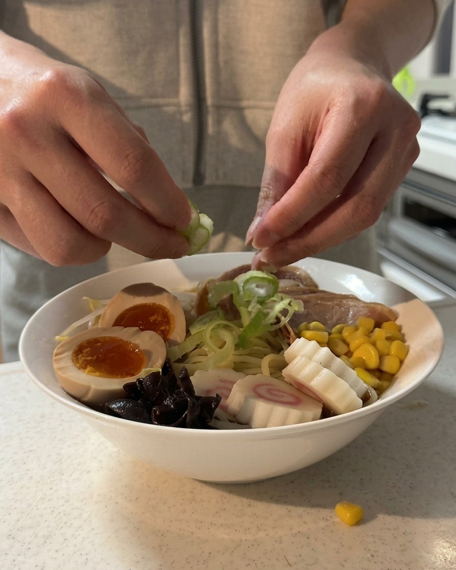완성된 라멘 위에 잘게 썬 대파를 뿌리는 모습.