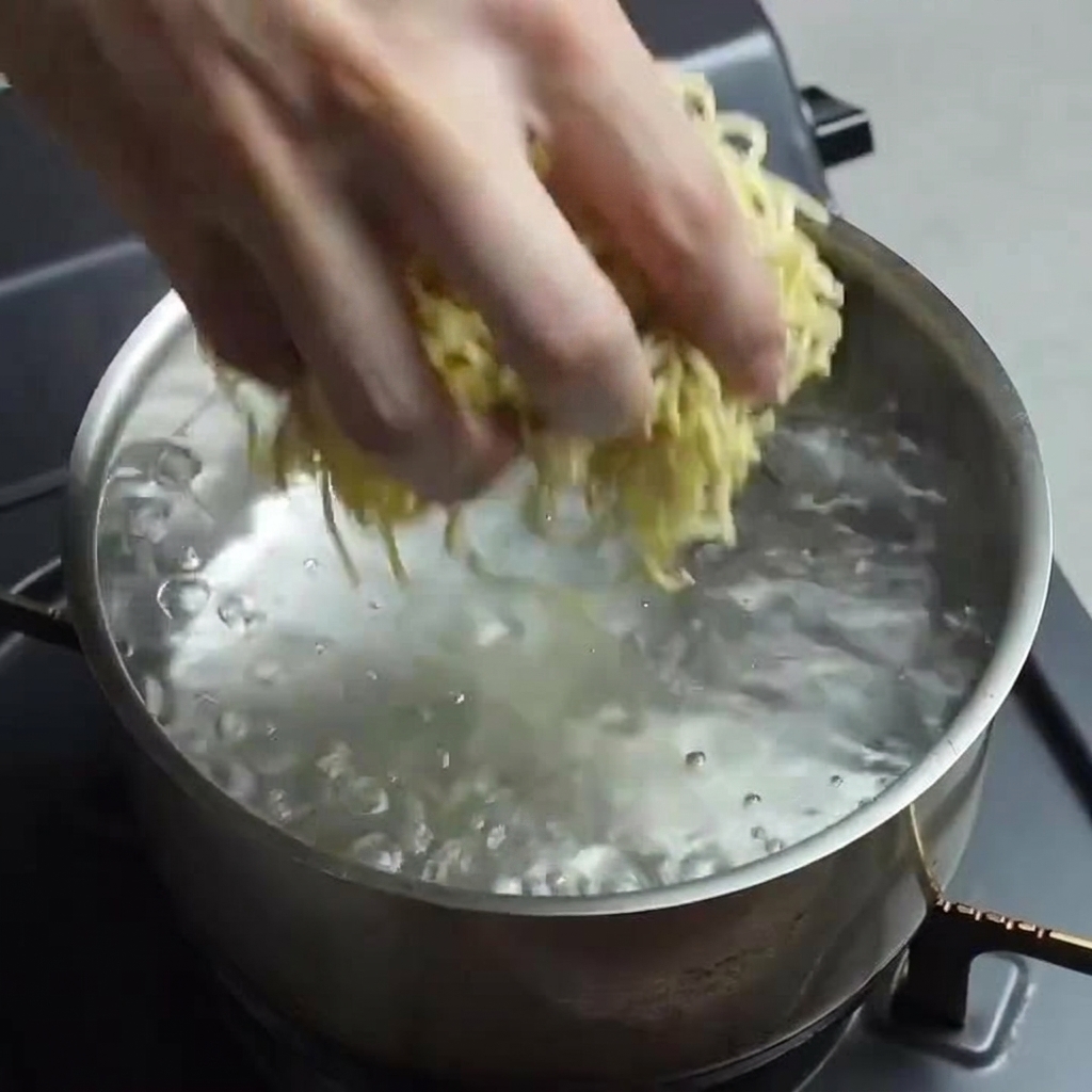 팔팔 끓는 물에 생 라멘 면을 넣는 모습.