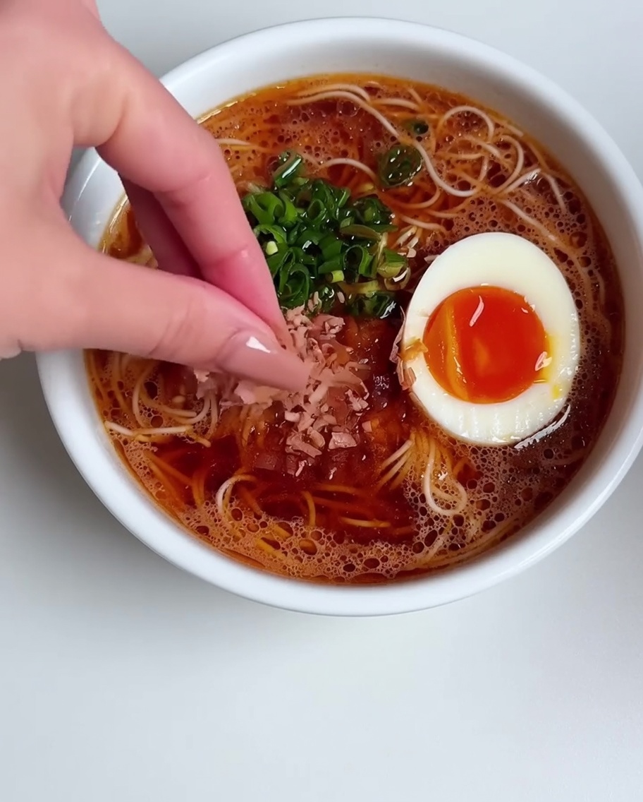 반숙란과 파가 올라간 완성된 라멘 위에 손으로 가쓰오부시를 뿌리는 모습.
