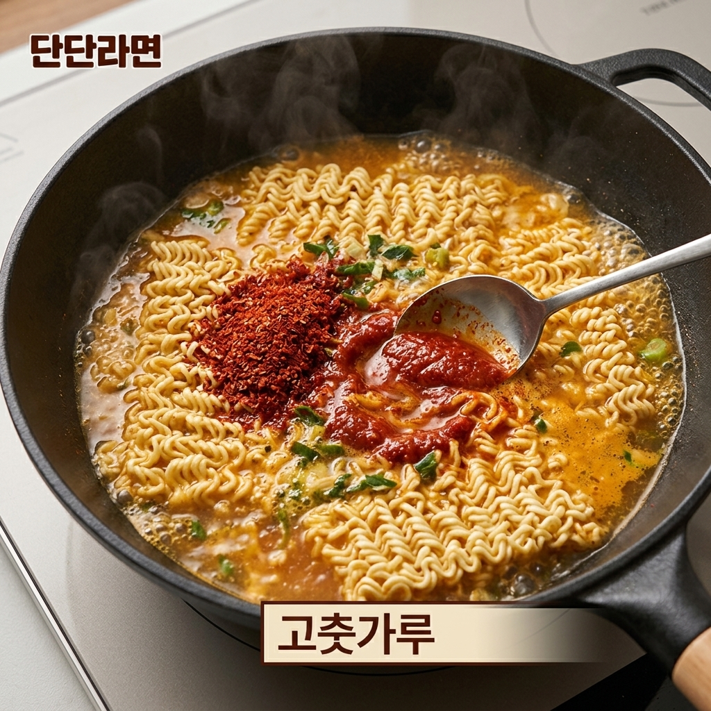 땅콩버터 국물에 고춧가루를 섞는 모습