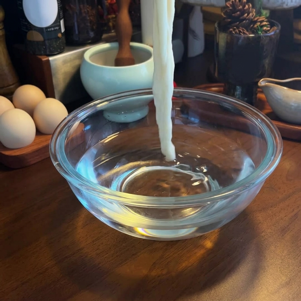 찬물이 담긴 볼에서 삶은 면을 헹구는 모습.