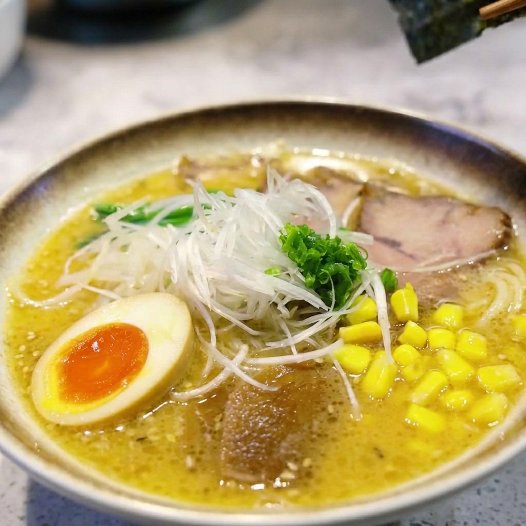 완성된 라멘 위에 차슈, 반숙란, 옥수수, 대파를 정갈하게 올린 모습.