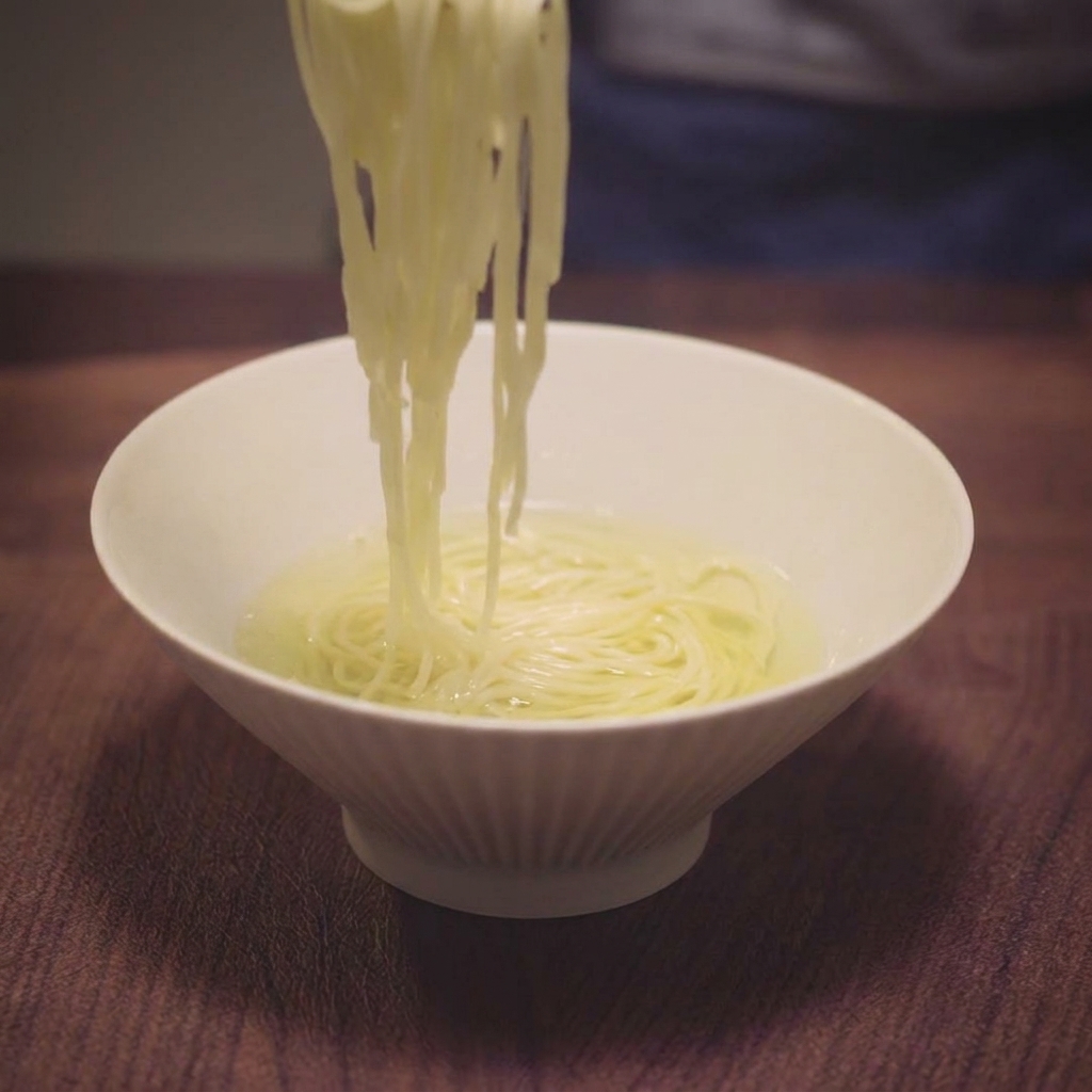젓가락을 사용해 맑은 황금빛 육수가 담긴 그릇에 잘 삶아진 얇은 라멘 면을 조심스레 넣는 모습.