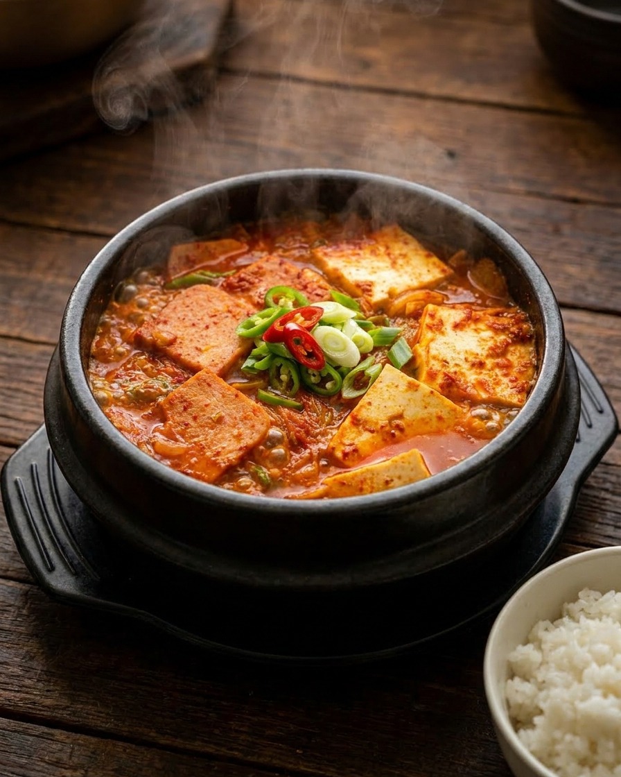 국자를 사용해 끓고 있는 육수 냄비에 맑은 닭기름을 붓는 모습.