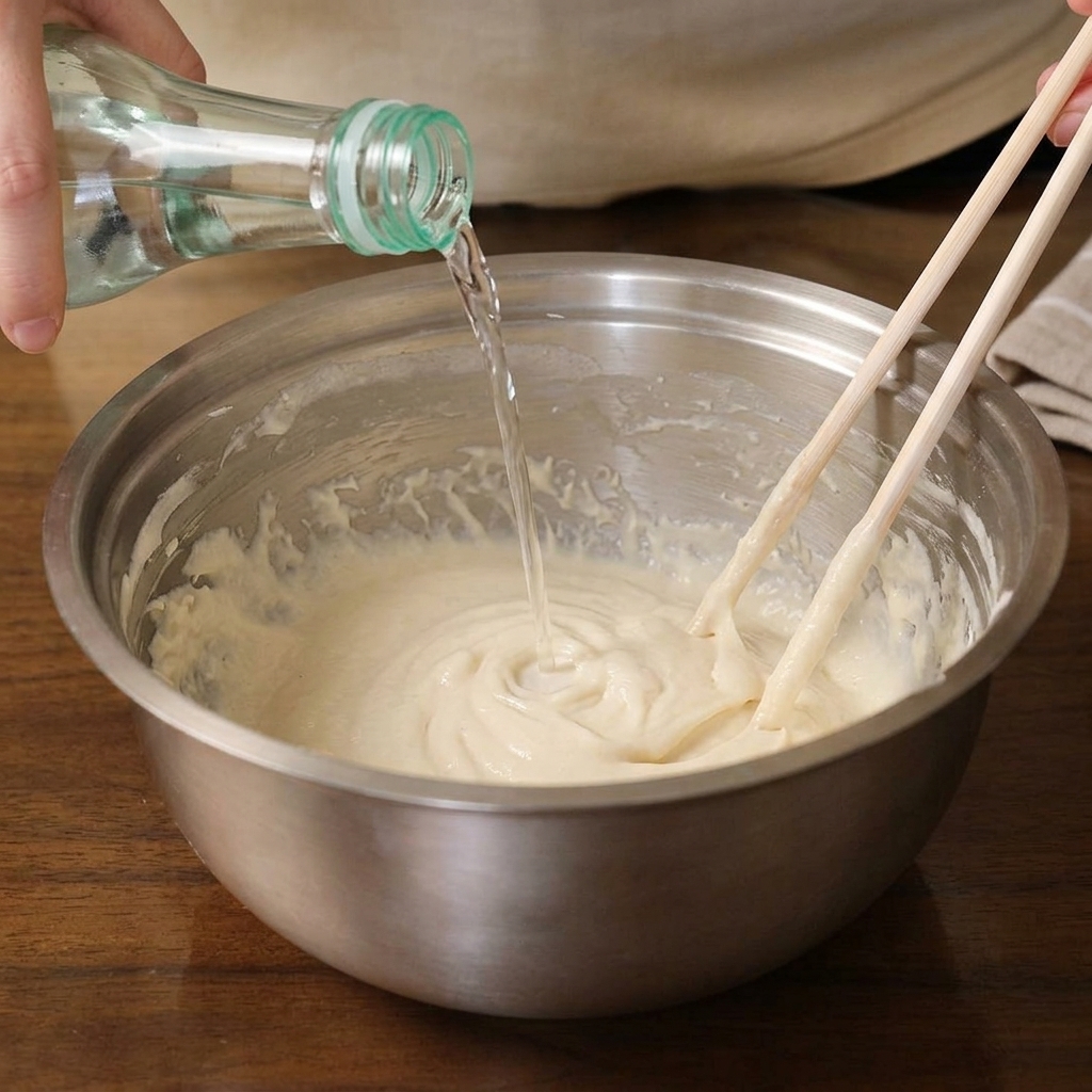 유리병에서 남은 물을 반죽에 부으며 나무 젓가락으로 젓는 모습.