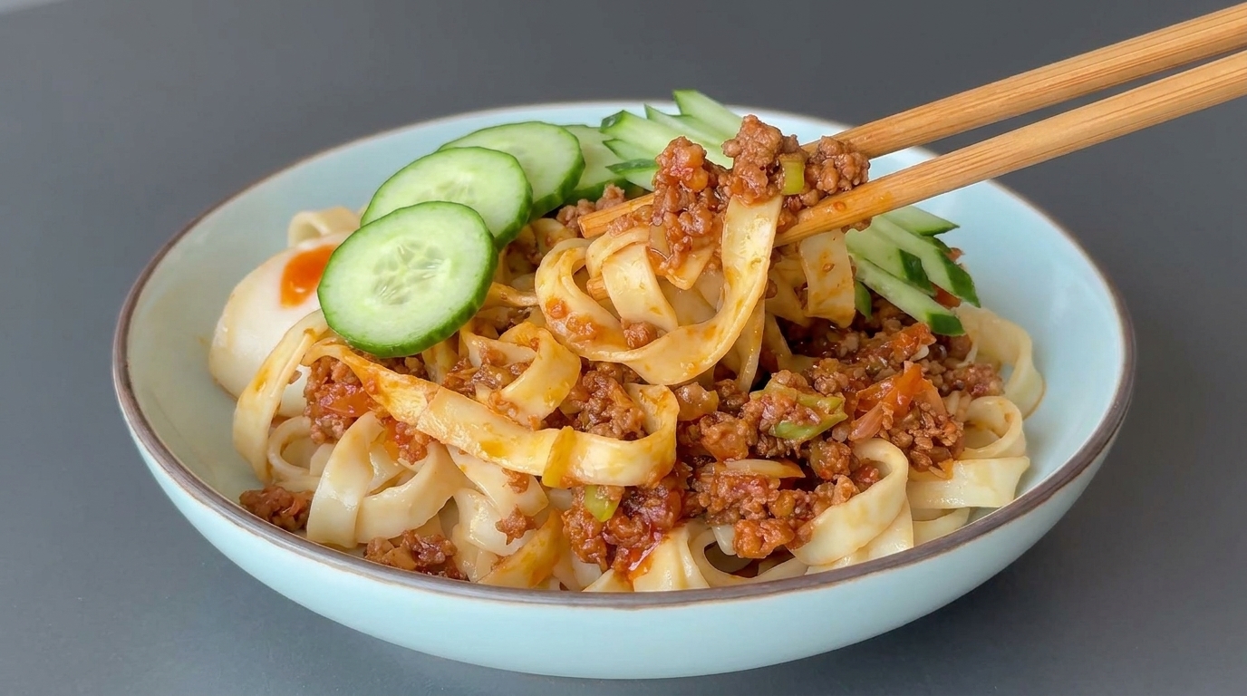짭조름한 다진 돼지고기와 신선한 오이를 올린 대만 단자이 국수 한 그릇.