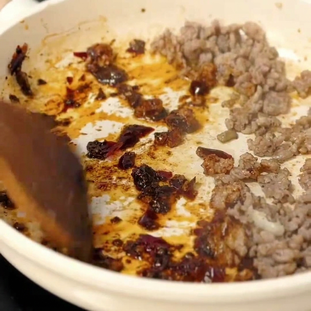 고기 볶음에 두반장을 섞는 모습.
