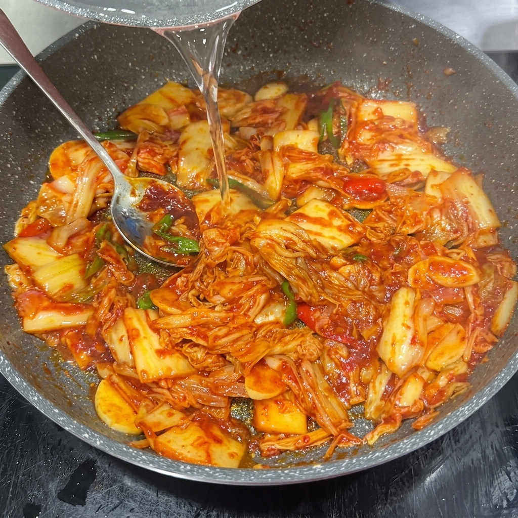 보글보글 끓는 김치찌개에 숙주와 팽이버섯을 넣는 모습.
