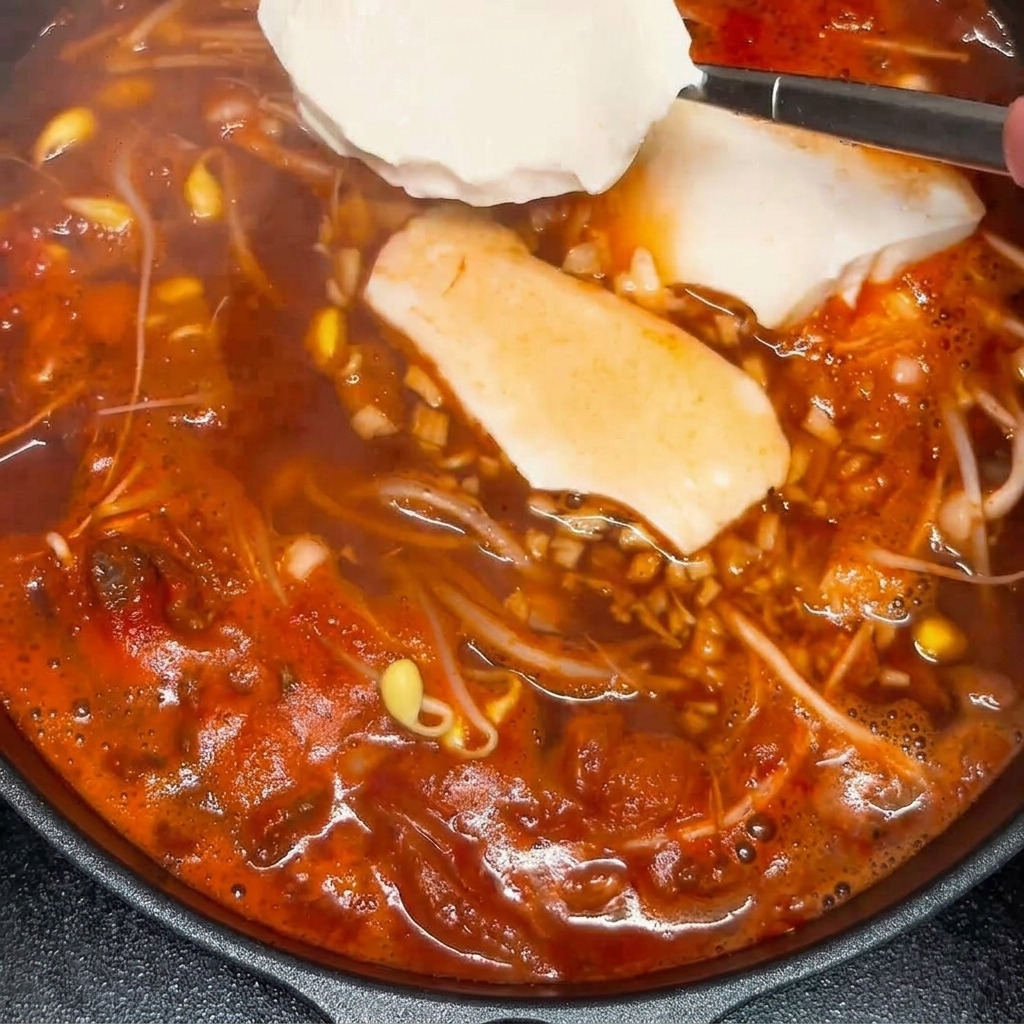 보글거리는 찌개 국물에 부드러운 연두부를 조심스럽게 넣는 모습.
