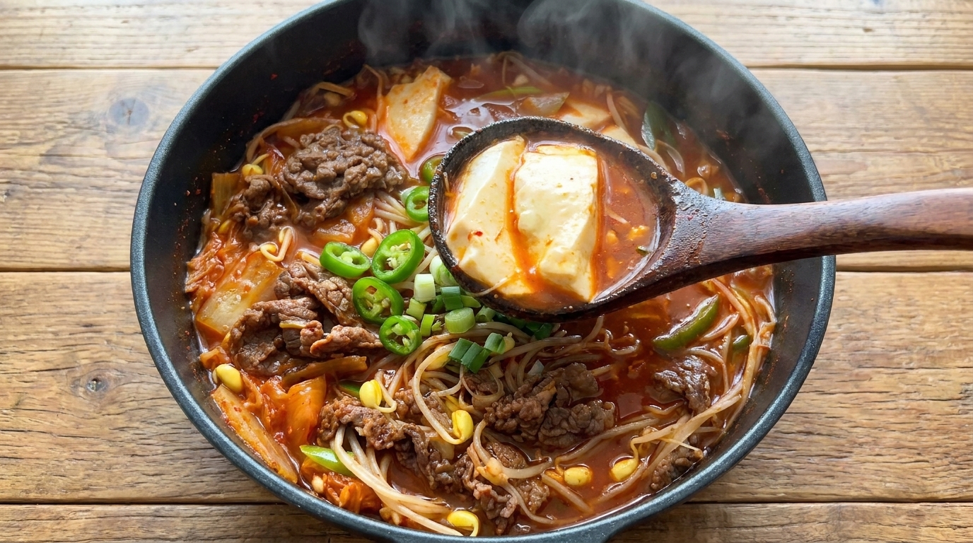 김이 모락모락 나는 얼큰한 김치 소고기 연두부찌개에 팽이버섯과 고명을 얹은 모습.