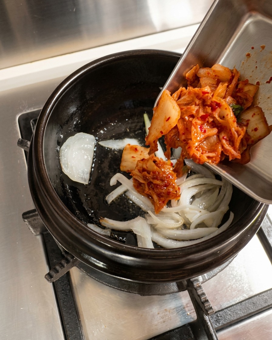 볶은 양파에 김치를 넣고 함께 볶는 모습.