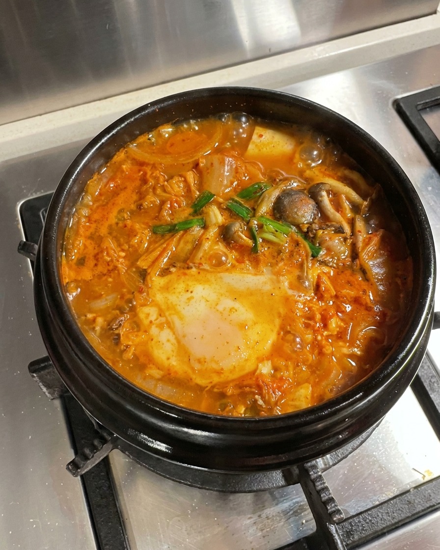 완성된 찌개 위에 대파와 고추를 올린 모습.
