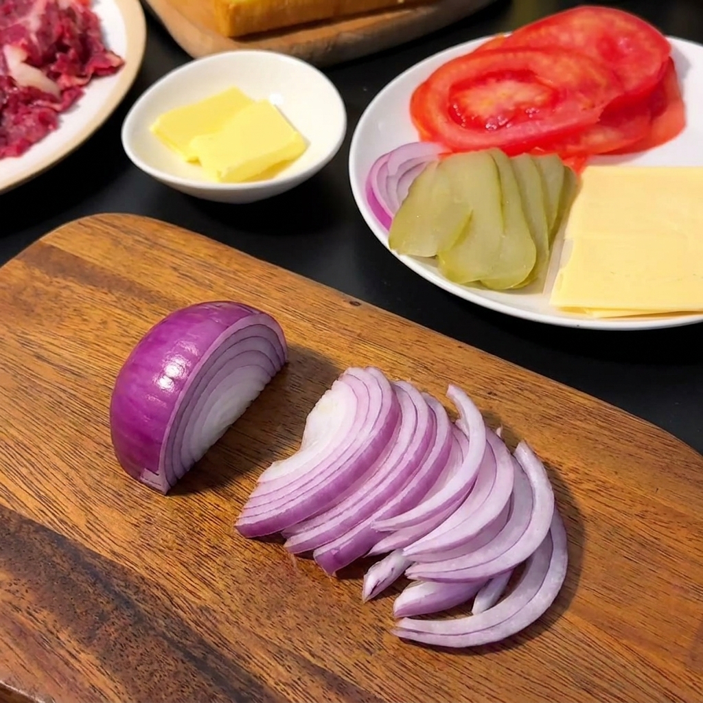 도마 위에 칼과 함께 깔끔하게 정돈된 잘게 썬 적양파 조각들입니다.