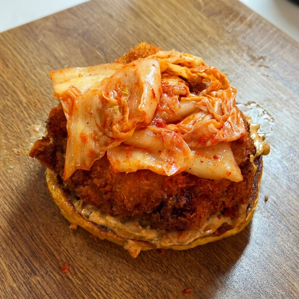 김치 위에 나머지 치킨 조각을 쌓는 모습.