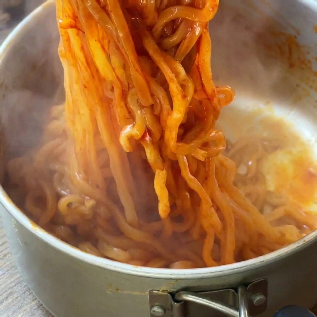 젓가락으로 삶은 면을 집어 올리는 모습.