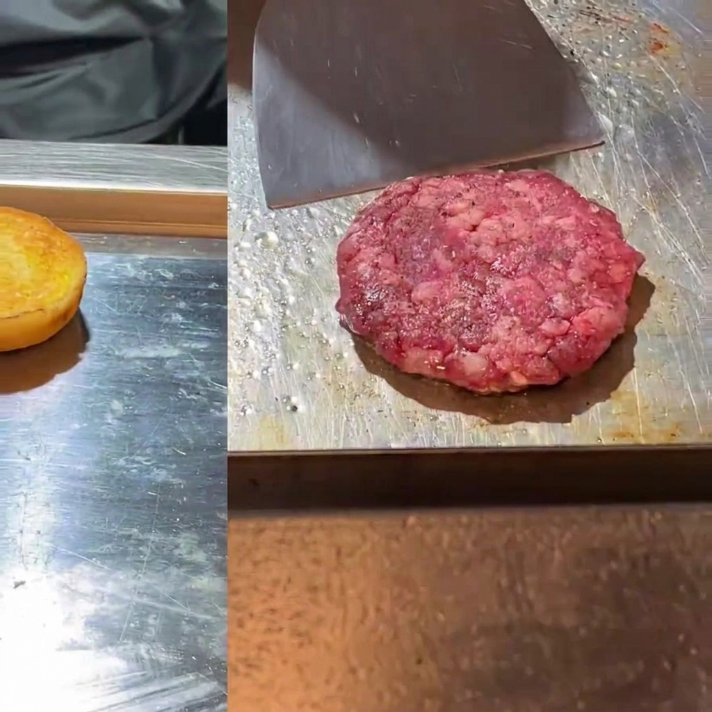 뜨거운 그리들 왼쪽에는 구워진 번이, 오른쪽에는 금속 뒤집개로 눌러 굽는 생 소고기 패티가 담긴 모습.