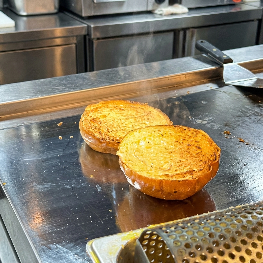 버거 번 바닥에 양상추, 토마토, 피클, 치즈 패티가 순서대로 올려진 모습.