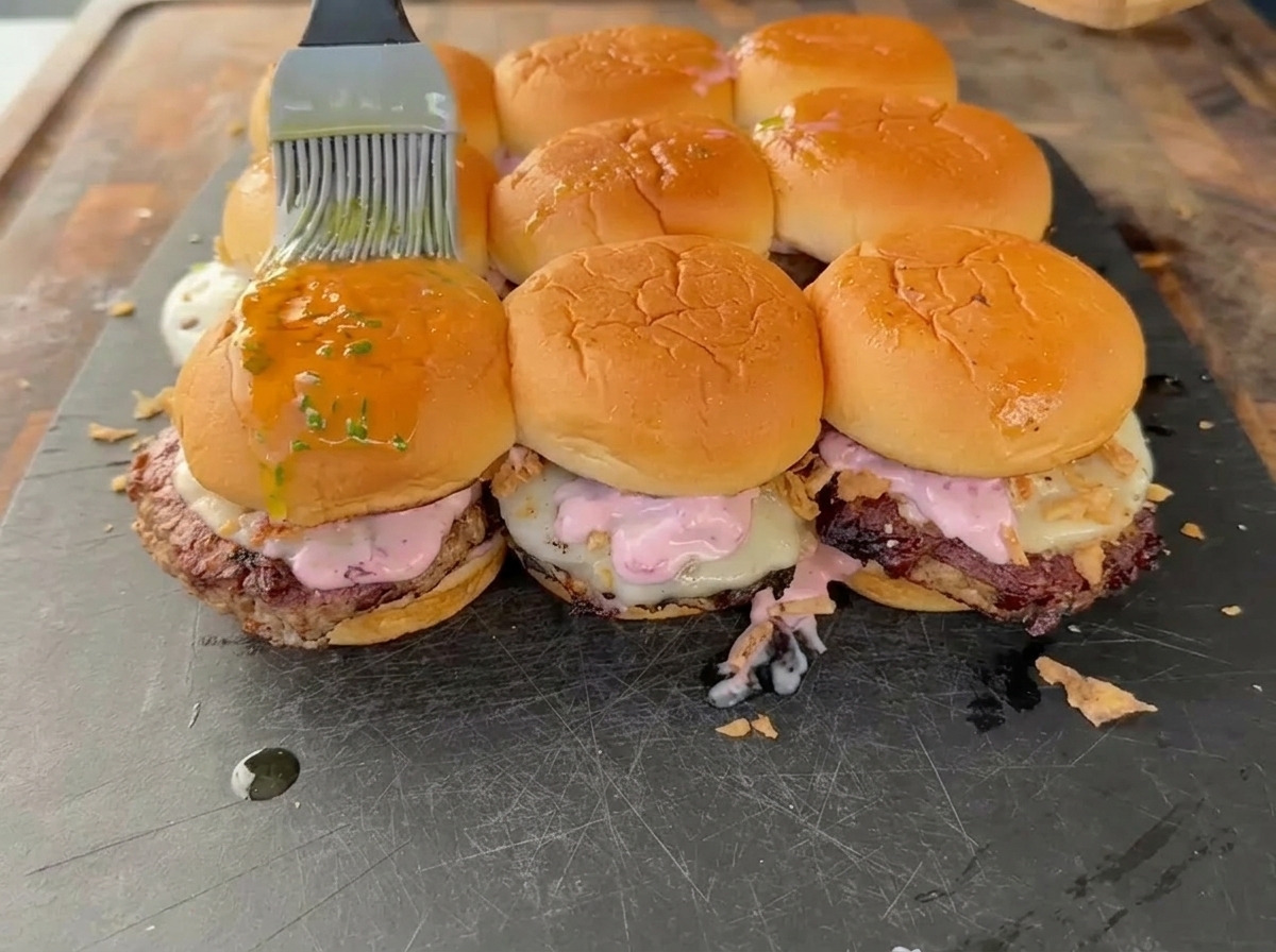 슬라이더 위에 맛있는 글레이즈를 바르고 다진 신선한 녹색 허브를 뿌리는 모습.