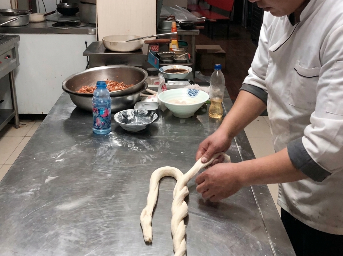 밀가루를 뿌린 표면에서 두꺼운 반죽을 접는 모습.