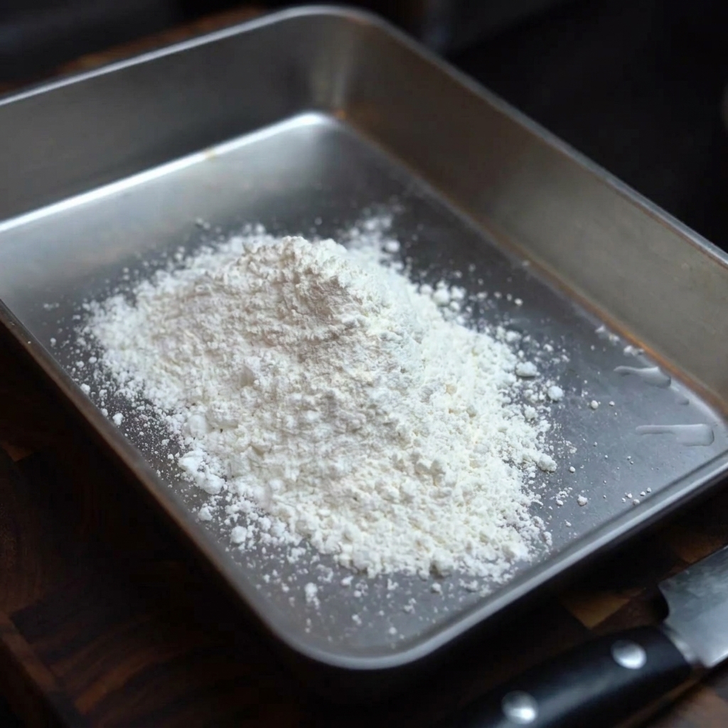 트레이에 밀가루, 빵가루, 파마산 치즈, 향신료가 고루 섞여 있는 모습.