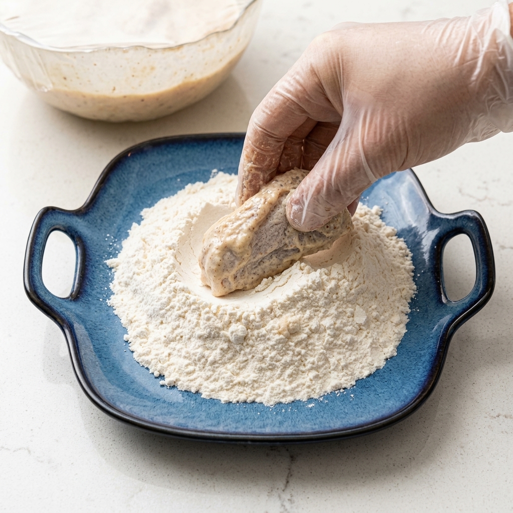 반죽된 닭날개를 넓은 접시에 담긴 마른 밀가루에 묻히는 모습.