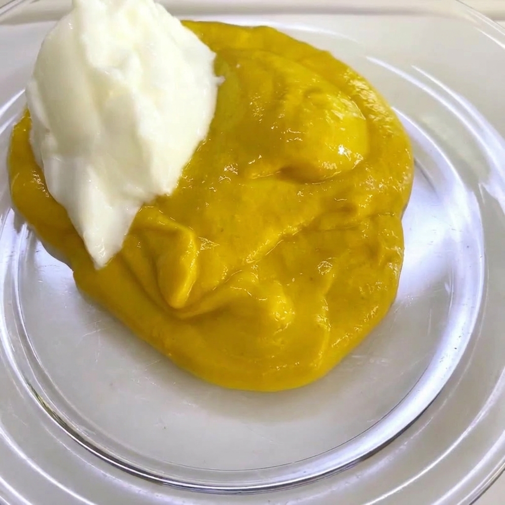 머스타드와 요거트가 담긴 볼에 크리미한 샐러드 드레싱을 붓는 모습.
