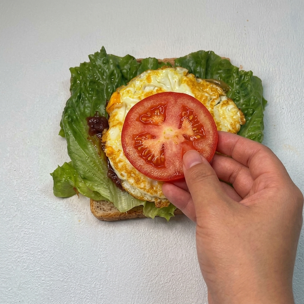 계란 프라이 위에 붉은 토마토 슬라이스를 올리는 모습.
