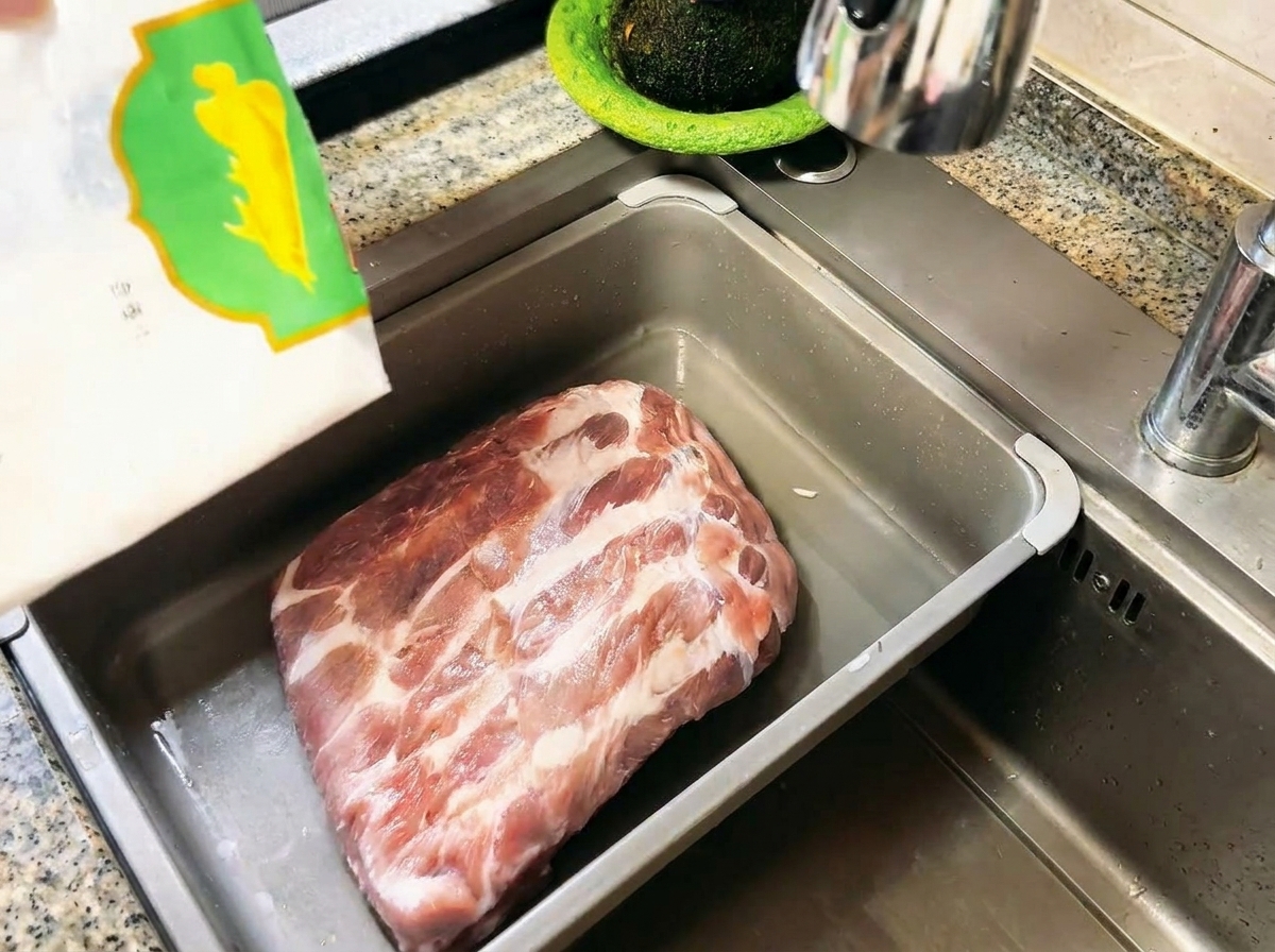 스테인리스 싱크대에서 생돼지갈비에 밀가루를 뿌리는 모습.