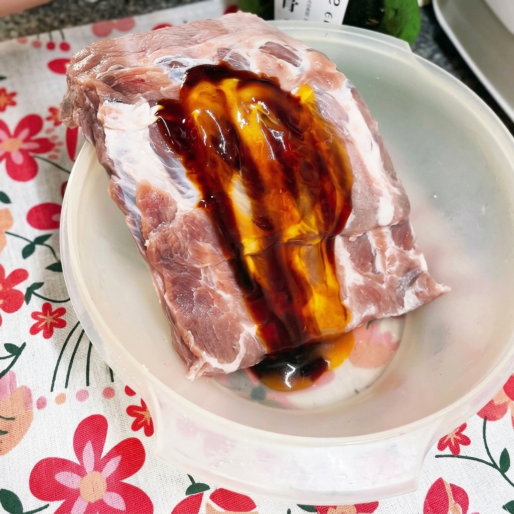 밑간한 돼지갈비 위에 양파, 생강, 마늘 파우더를 뿌리는 모습.