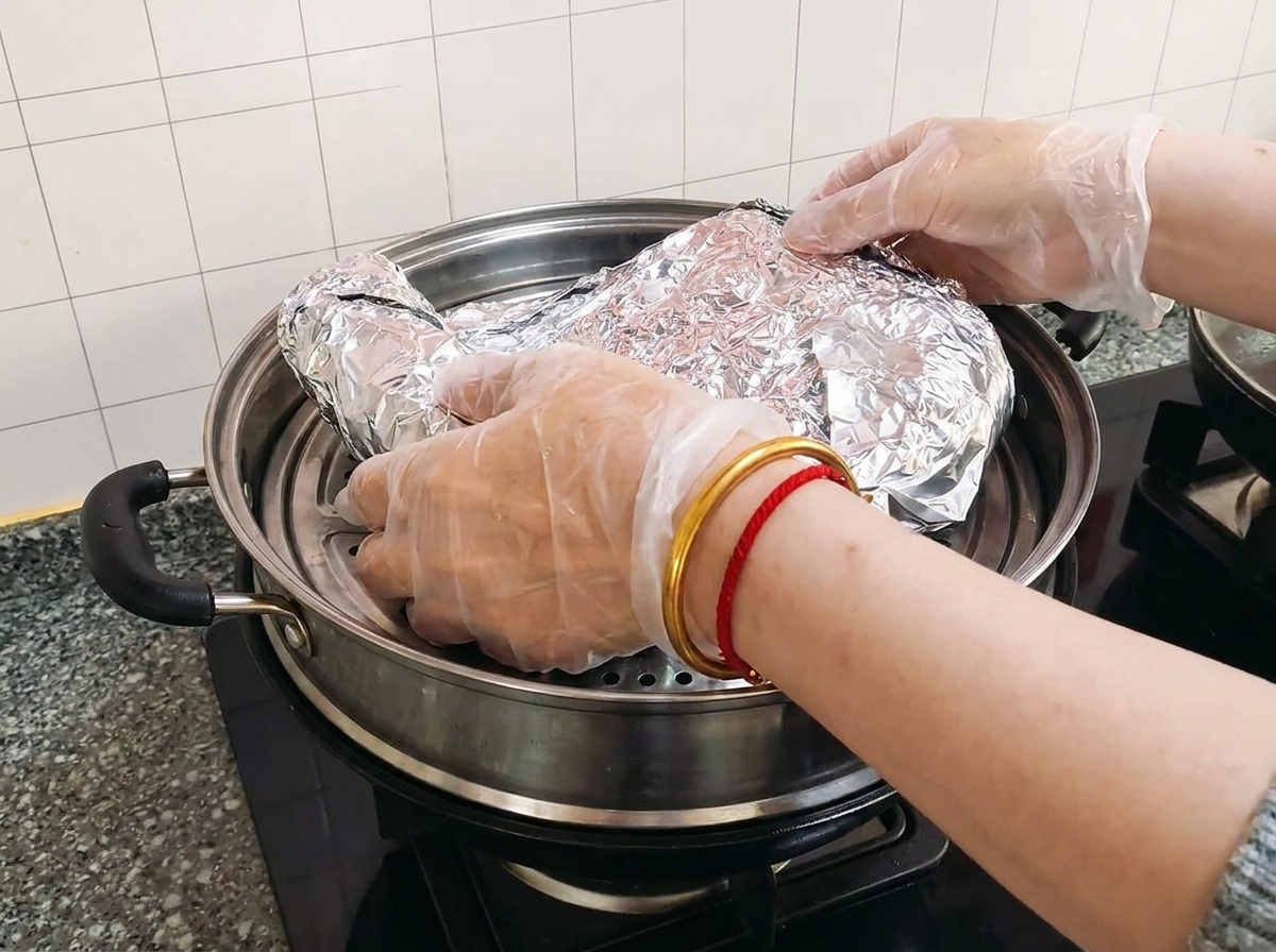 호일에 싼 갈비를 찜기가 있는 냄비에 넣는 모습.