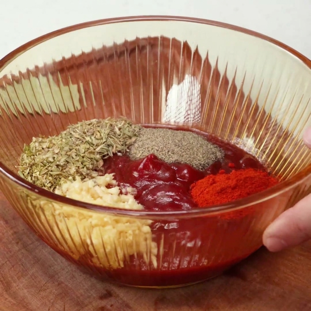 토마토 케첩 위에 다진 마늘, 건조 오레가노, 흑후추, 파프리카 가루가 올려진 투명한 유리 볼.