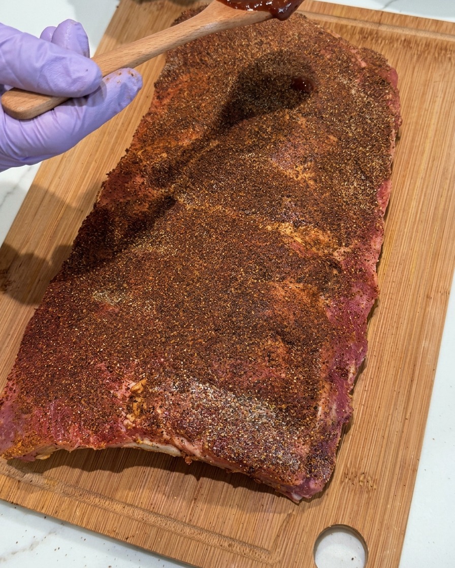 장갑 낀 손으로 나무 숟가락을 이용해 드라이 럽이 묻은 폭립에 BBQ 소스를 펴 바르는 모습.