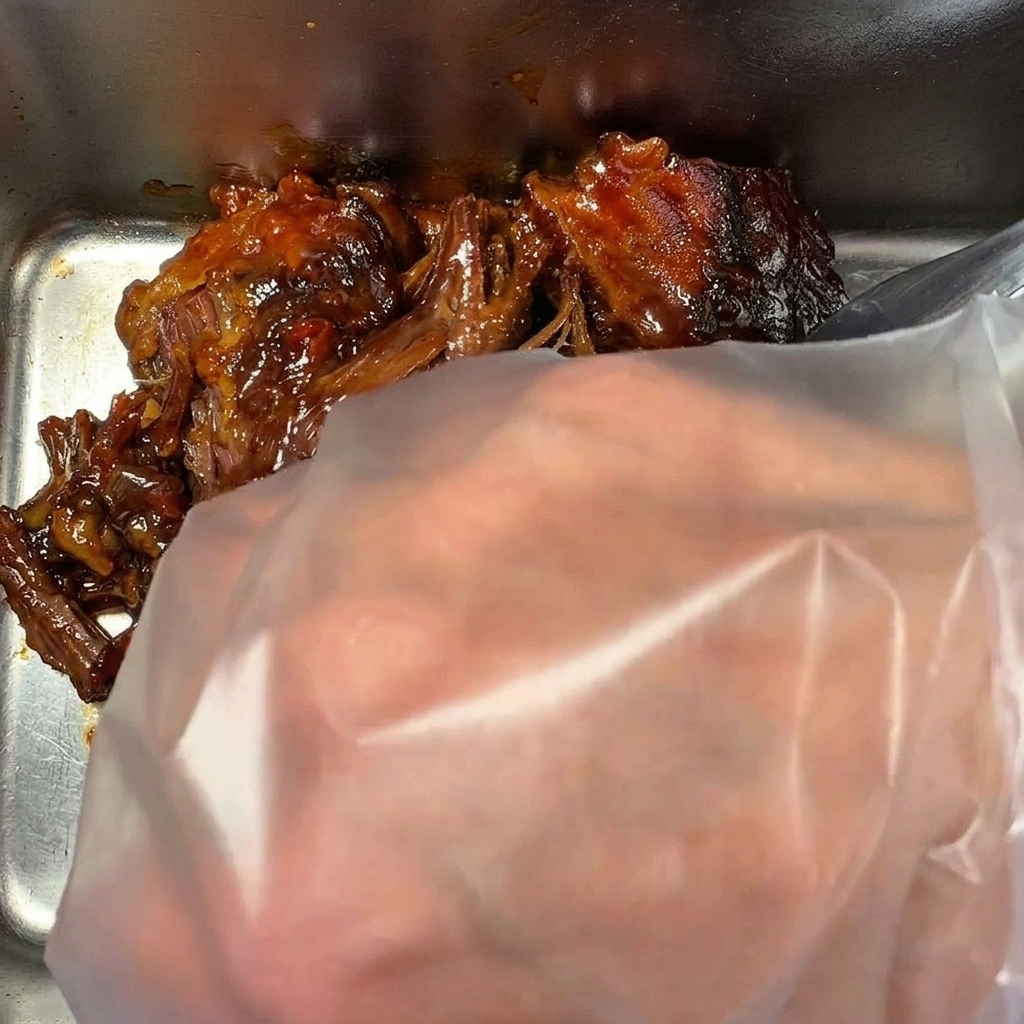 위생 장갑을 낀 손으로 조리된 갈색 소고기 양지머리를 결대로 찢는 모습.