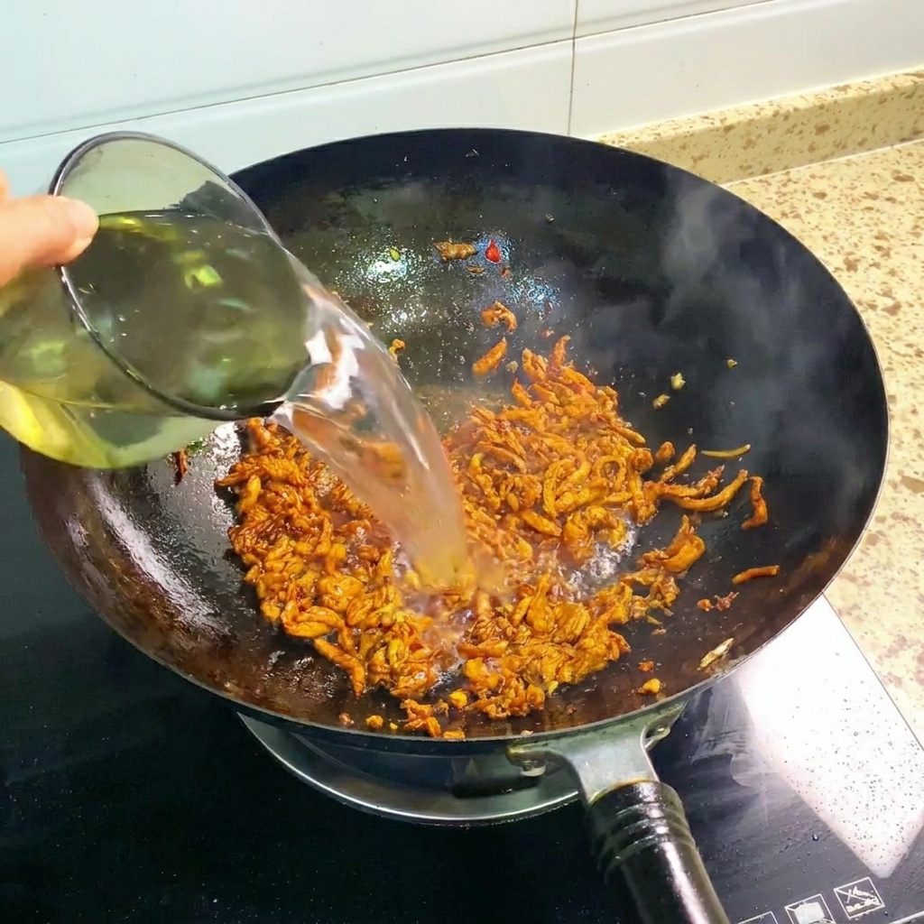 양념 된 닭고기에 물을 붓는 모습.