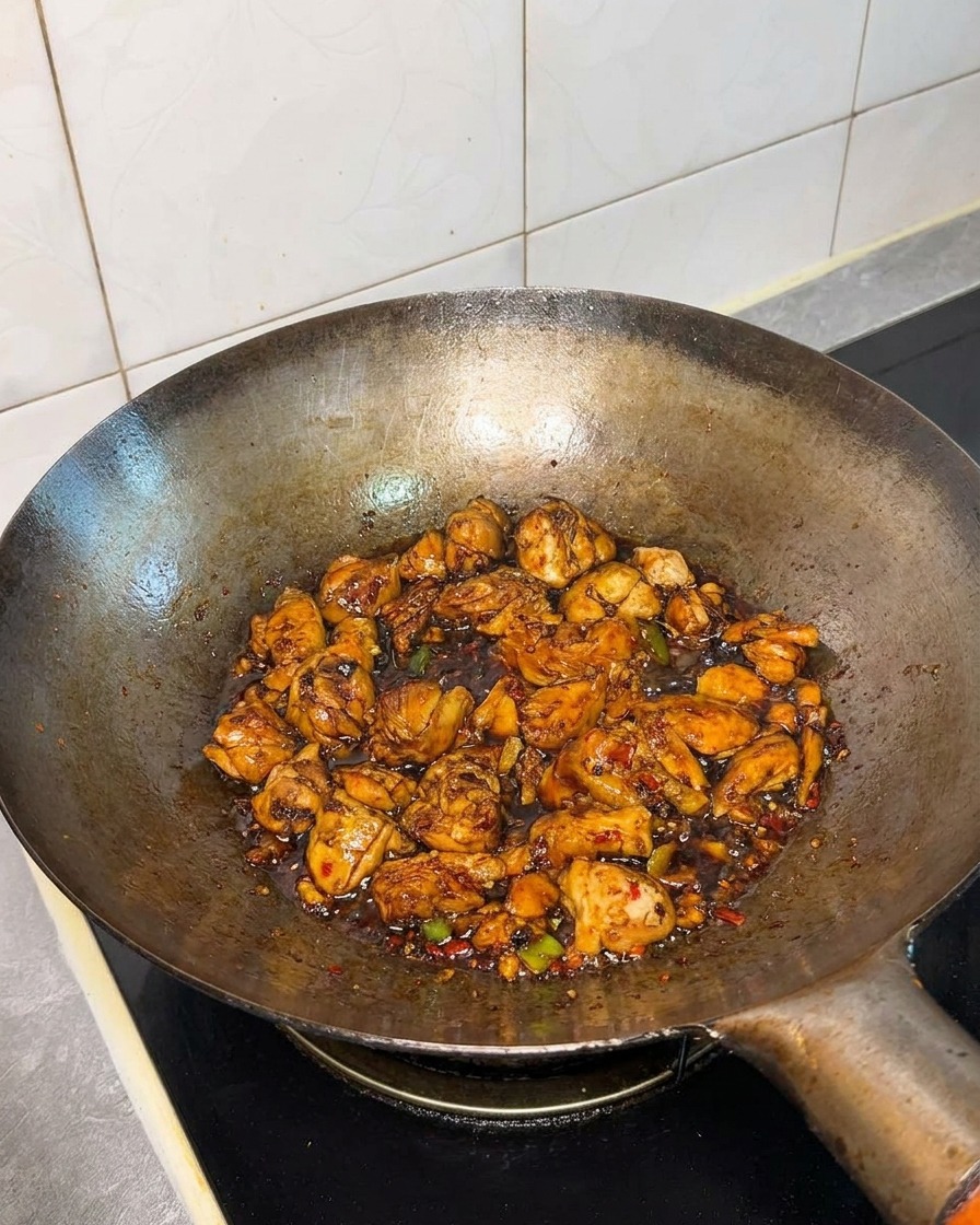 양념된 닭고기 혼합물.