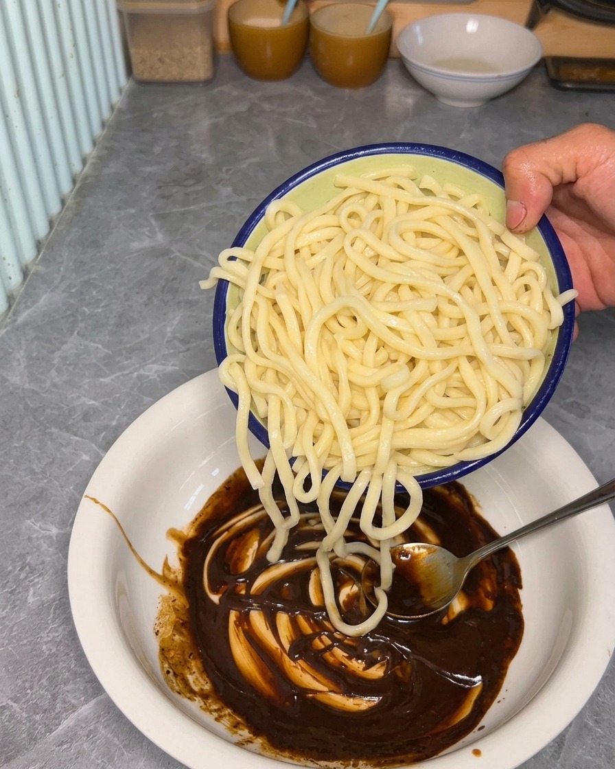 준비된 소스에 삶은 면을 넣는 모습.