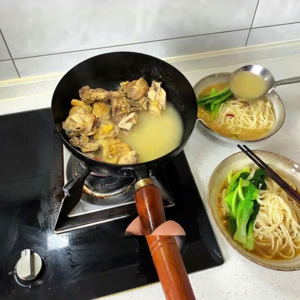 웍에 남은 뜨거운 닭 육수와 닭고기를 면과 채소가 담긴 그릇 위에 붓는 모습.