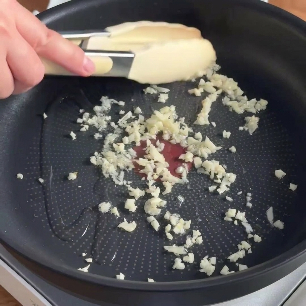 팬에 두른 기름에 다진 마늘을 넣고 볶는 모습.
