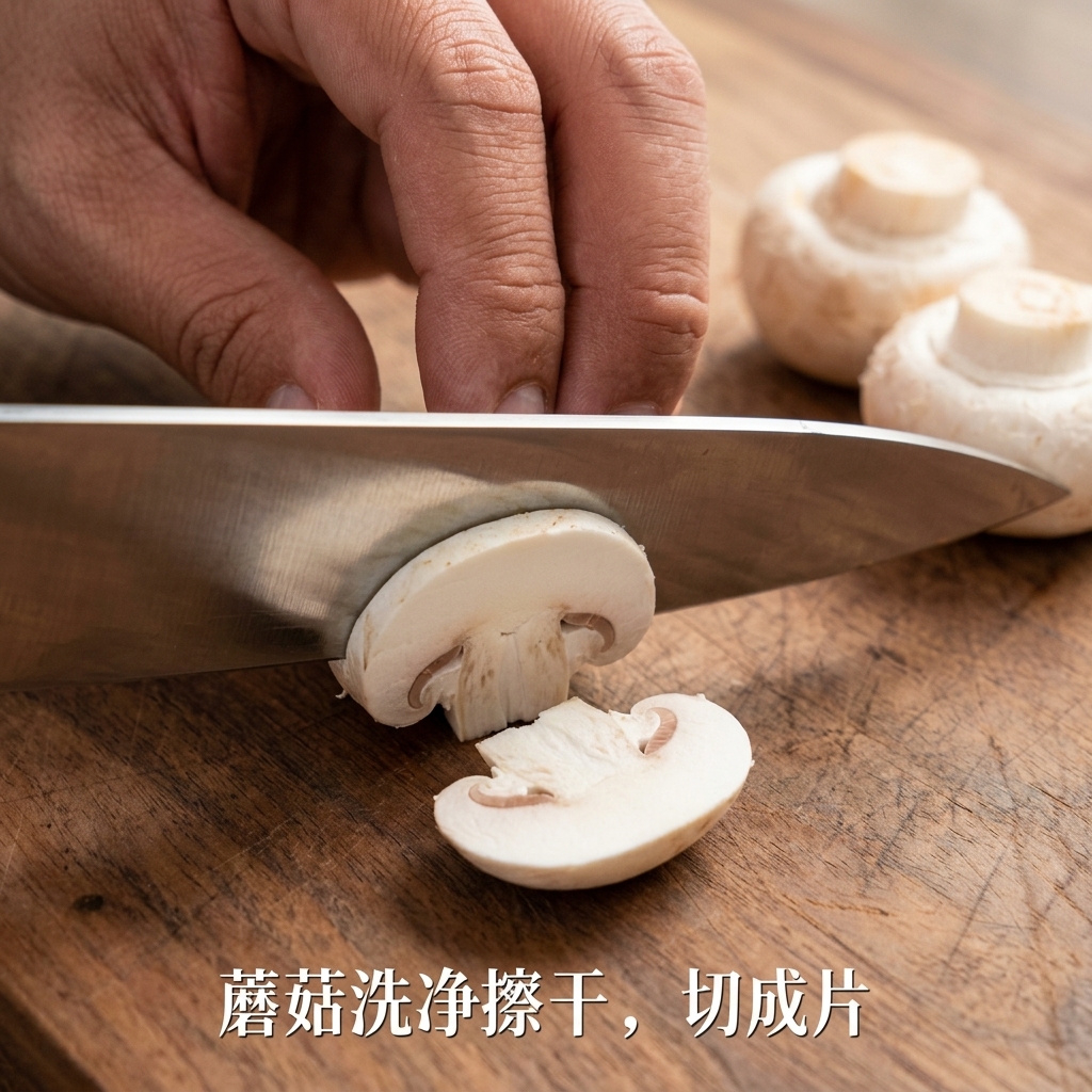 도마 위에 얇게 썬 생버섯이 가지런히 놓여 있는 모습.