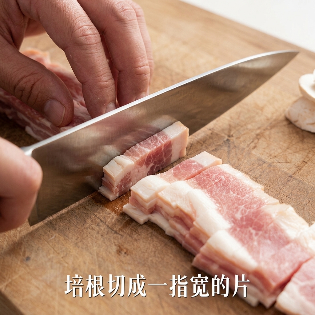 도마 위에서 생베이컨을 일정한 크기로 자르는 모습.