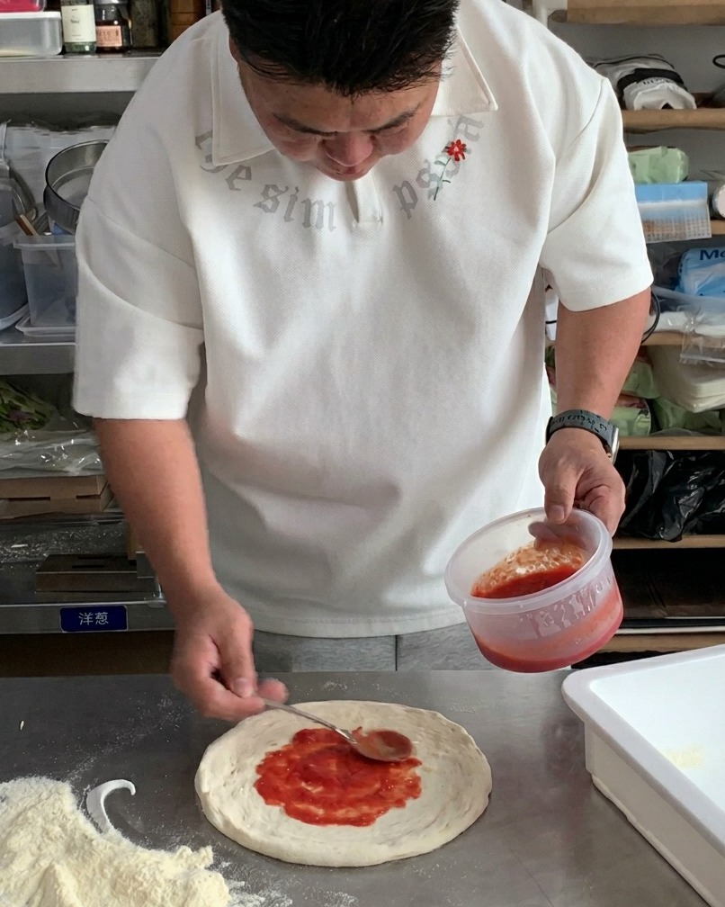 금속 스푼으로 빨간 토마토 소스를 피자 베이스 위에 고르게 펴 바르는 모습.